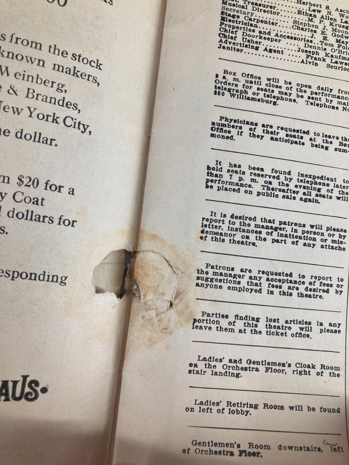 Interior page of the 1916 Teller's Broadway Theatre Playbill, revealing a stain and vintage print details, highlighting the document's historical significance.