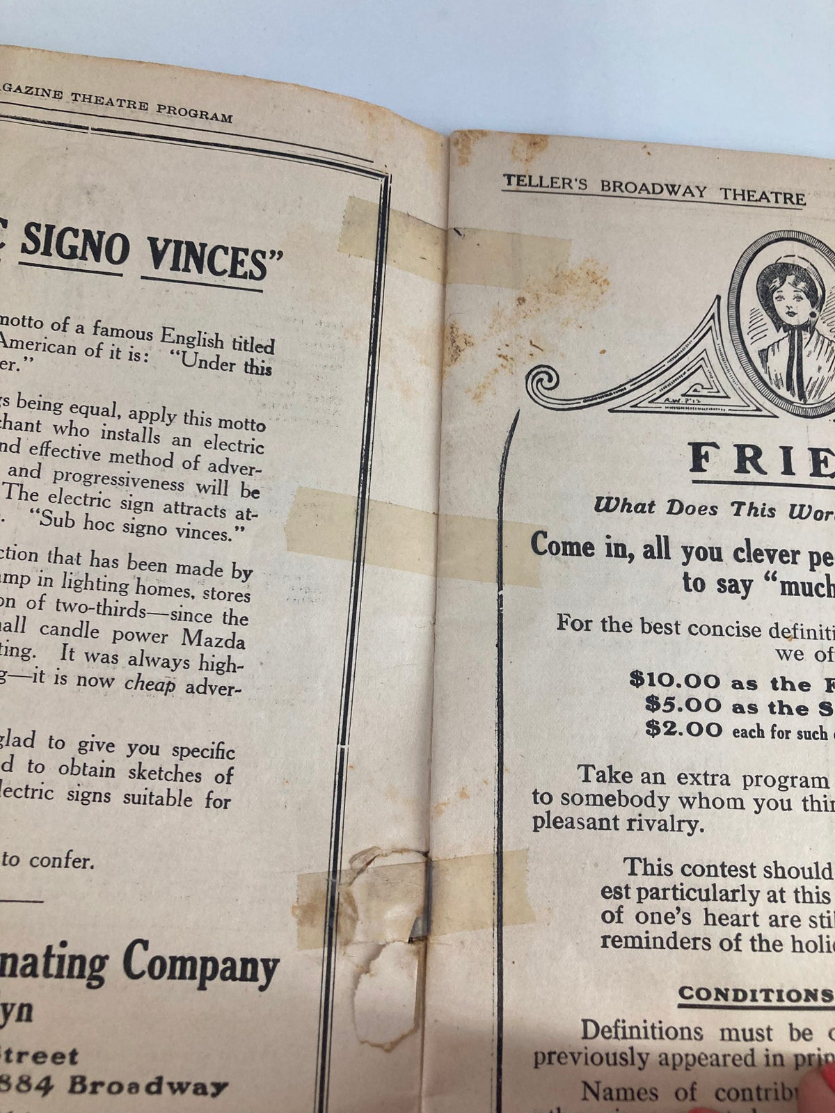 Interior page of Teller's Broadway Theatre Playbill displaying text and tape marks, reflecting the wear and authenticity of this 1916 collectible.