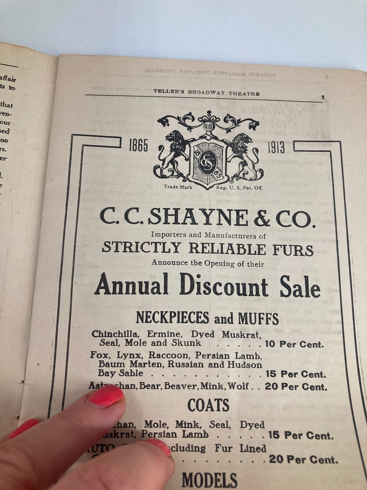 Page of the 1916 Teller's Broadway Theatre Playbill featuring a vintage advertisement for C.C. Shayne & Co., showcasing fashion from the era.
