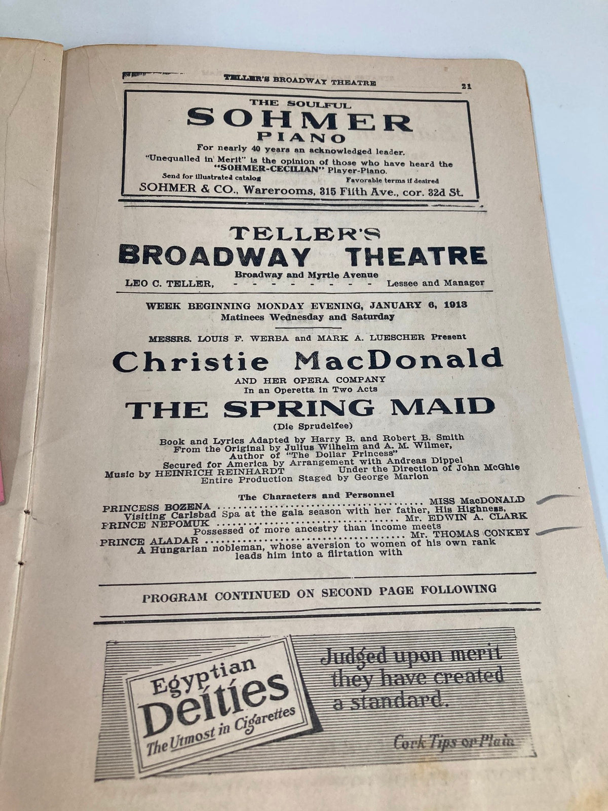 Interior page of the 1916 Teller's Broadway Theatre Playbill announcing Christie MacDonald in The Spring Maid, capturing a moment in Broadway history.