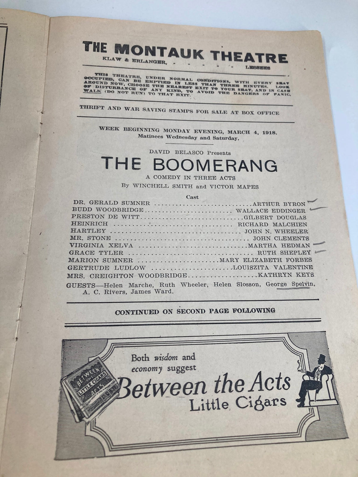 Inside page of the 1918 The Boomerang Playbill listing the cast and crew at The Montauk Theatre, Brooklyn with details of the performance.