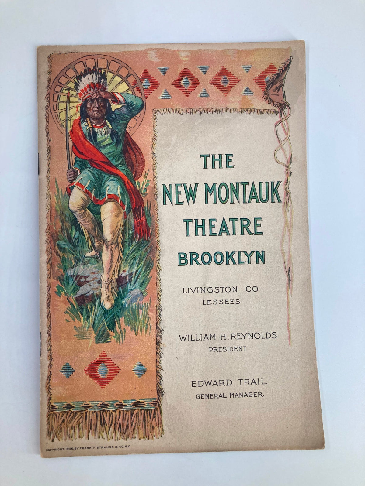 1914 playbill for The Montauk Theatre showcasing vibrant vintage artwork featuring a performer, part of David Warfield in The Auctioneer, a comedy.