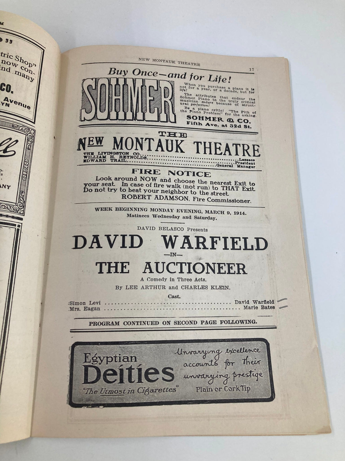 1914 The Montauk Theatre David Warfield in The Auctioneer - Vintage playbill showcasing the title and cast details, capturing the essence of early 20th-century theater.