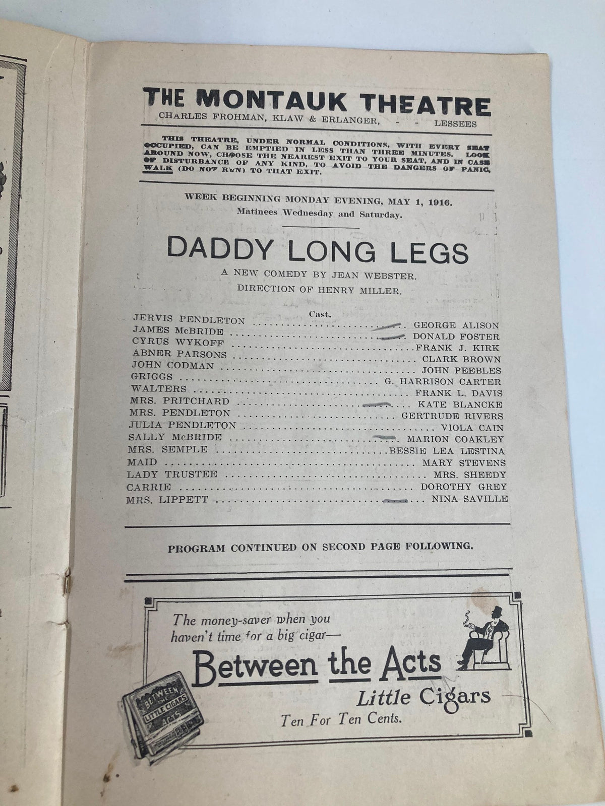 Inside page of the 1916 The Montauk Theatre playbill for Daddy Long Legs, listing cast members and production details directed by Henry Miller.