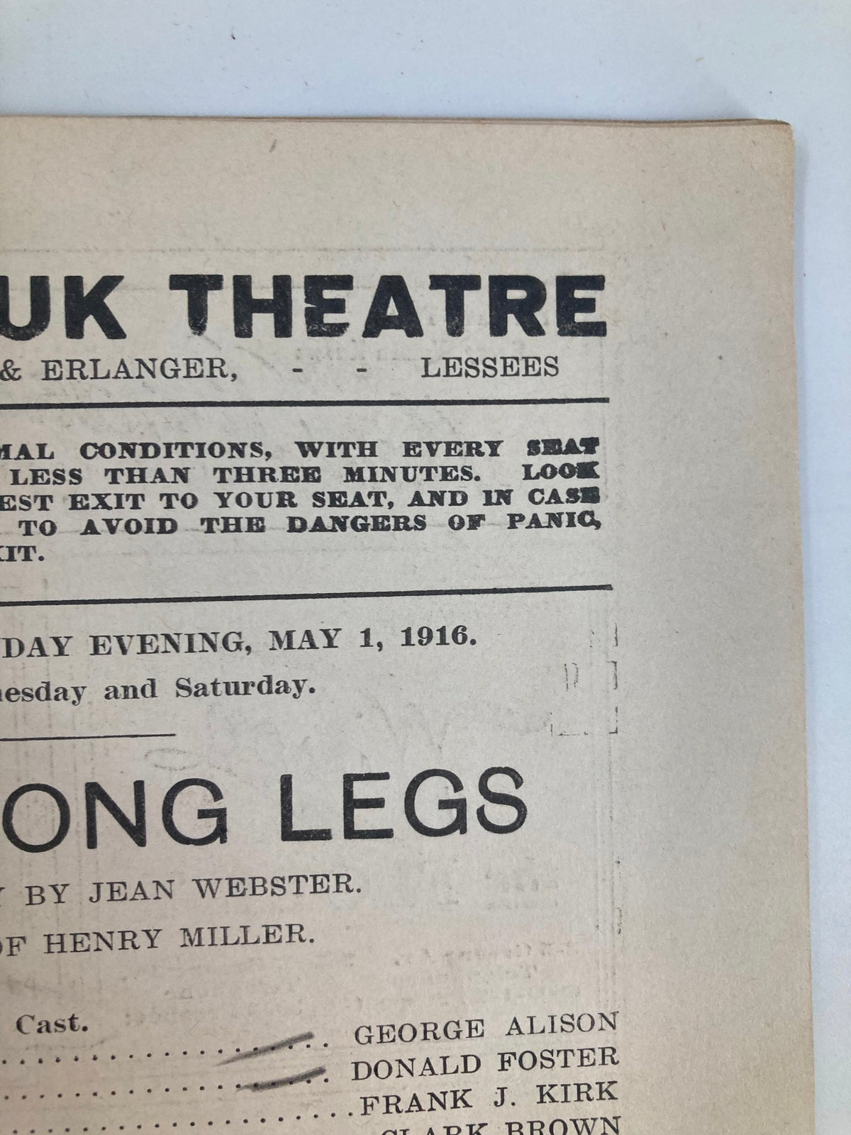 1916 The Montauk Theatre Daddy Long Legs playbill cover showcasing cast and theater details, highlighting the comedy written by Jean Webster.