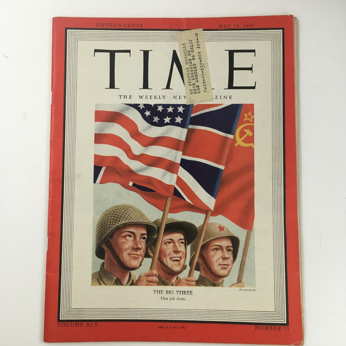 Cover of Time Magazine from May 14, 1945, depicting 'The Big Three' leaders with American, British, and Soviet flags, celebrating Germany's surrender during World War II, Volume 45, Number 20.