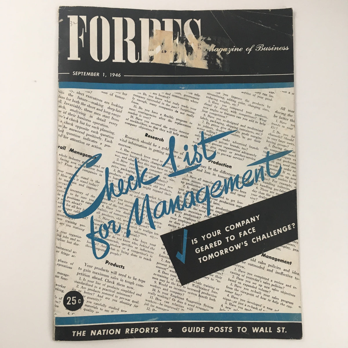 Cover of Forbes Magazine dated September 1, 1946 featuring the title 'Check List For Management' with vintage newspaper styling and blue highlights.