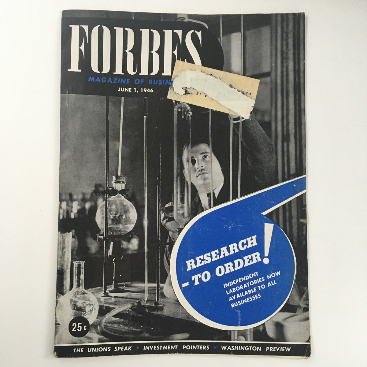Cover of Forbes Magazine from June 1, 1946, featuring an illustration of scientific laboratory equipment and a headline about independent laboratories available to all businesses.