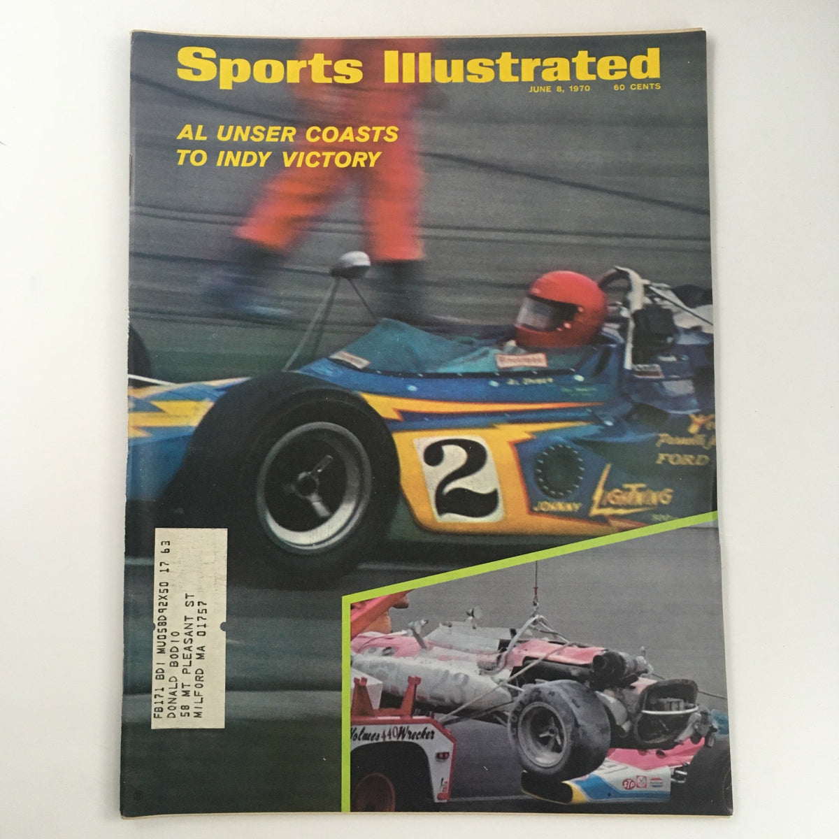 Cover of Sports Illustrated Magazine from June 8, 1970, featuring Al Unser coasting to Indy victory with a racing car image and additional images of the race.