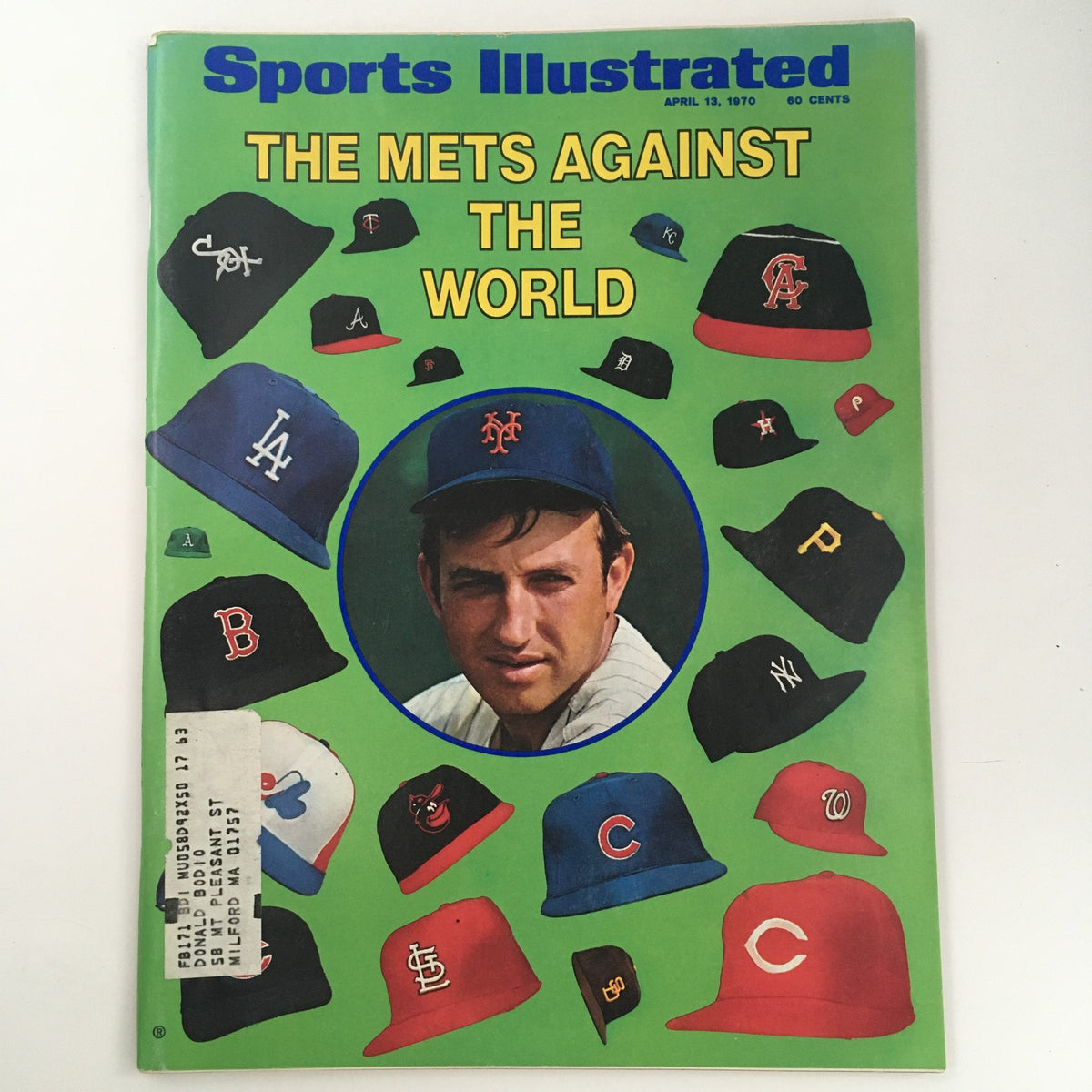 Sports Illustrated Magazine April 13 1970 cover featuring the New York Mets with player Jerry Koosman, surrounded by images of various baseball caps, celebrating the Mets' journey in Major League Baseball.
