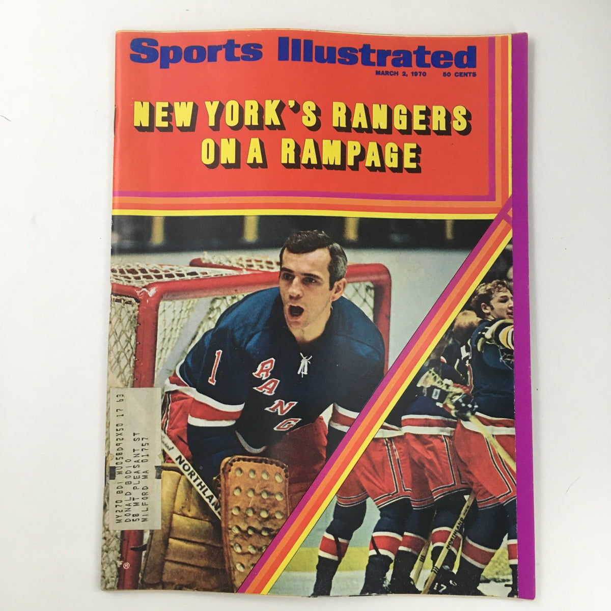 Sports Illustrated Magazine March 2 1970 cover featuring New York Ranger's On A Rampage, showcasing a vintage hockey theme with players in action.