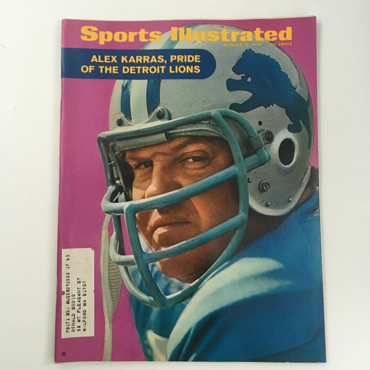 Sports Illustrated Magazine cover from October 12, 1970 featuring Alex Karras, Pride of the Detroit Lions. A vintage collectible showcasing Karras in his football helmet, capturing the essence of American football history.
