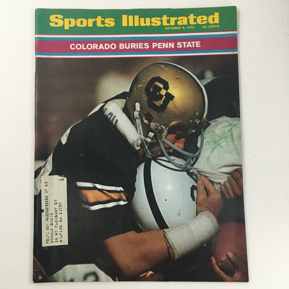 Sports Illustrated Magazine cover from October 5, 1970, featuring the headline 'Colorado Buries Penn State' with a dynamic image of a football player in action.