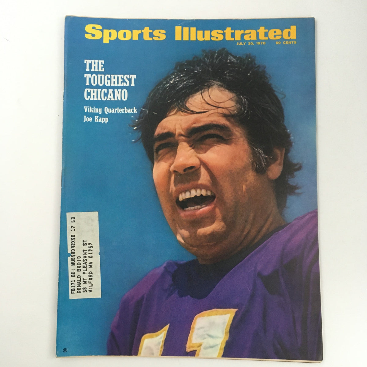 Sports Illustrated Magazine featuring Viking Quarterback Joe Kapp on the cover dated July 20, 1970. The magazine highlights Kapp's persona with the title 'THE TOUGHEST CHICANO' and is notable for its vintage appeal in very good condition.