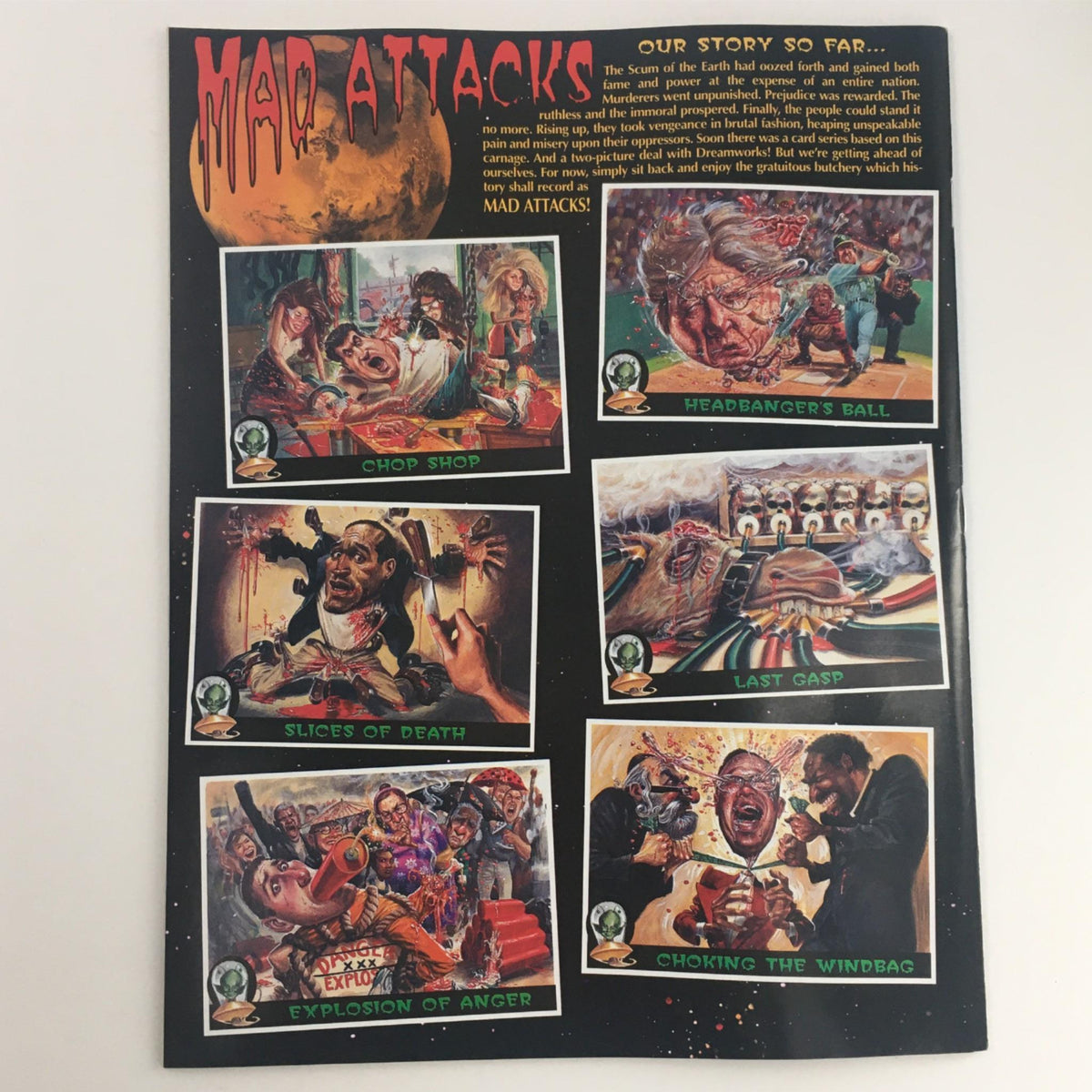 The back cover of Mad Magazine January 1997 No. 353 presenting a collage of gruesome illustrations titled 'Mad Attacks!', highlighting the magazine's ironic and satirical storytelling related to societal issues.