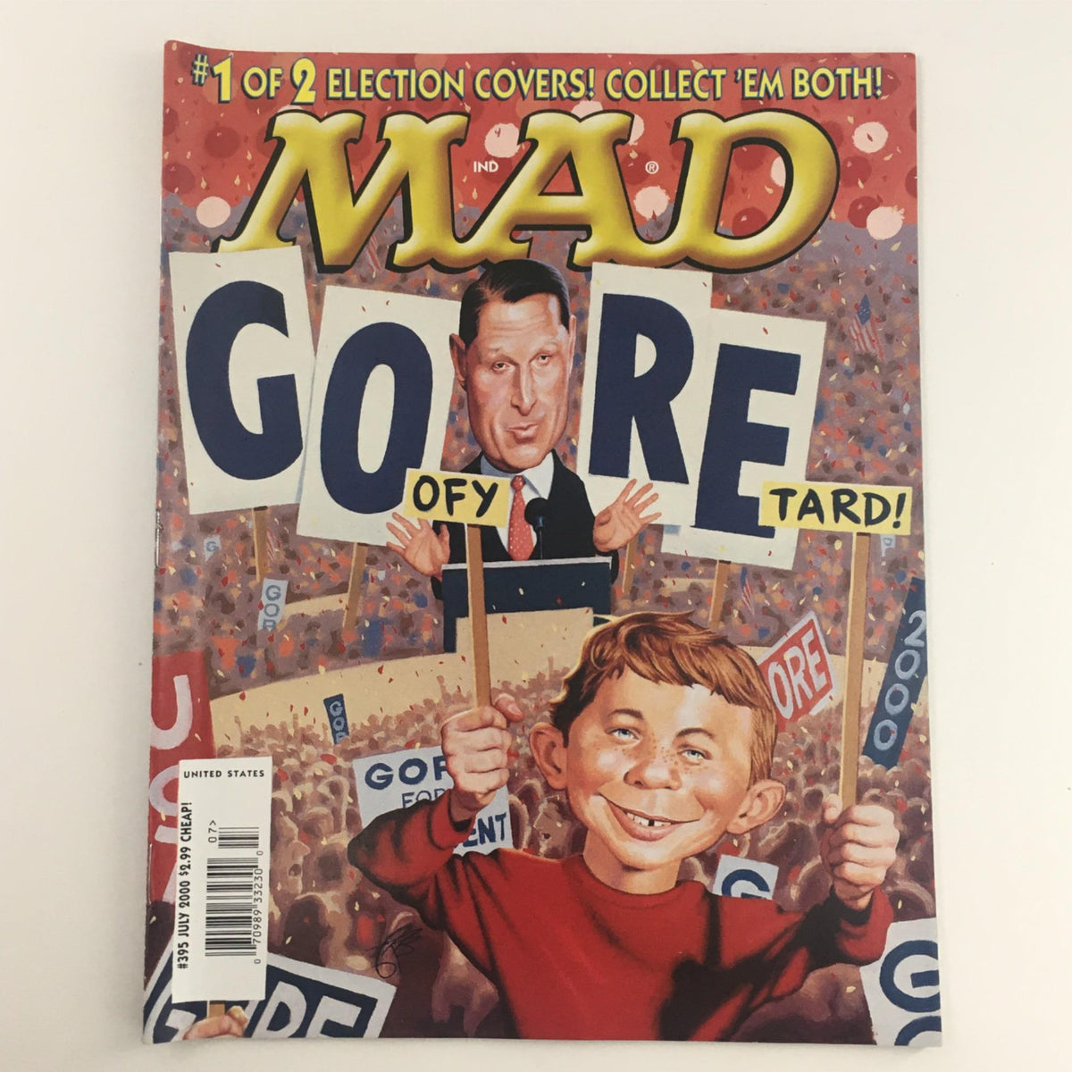 Cover of Mad Magazine July 2000 No. 395 featuring a satirical depiction of Al Gore's presidential campaign, showcasing humor and political commentary.