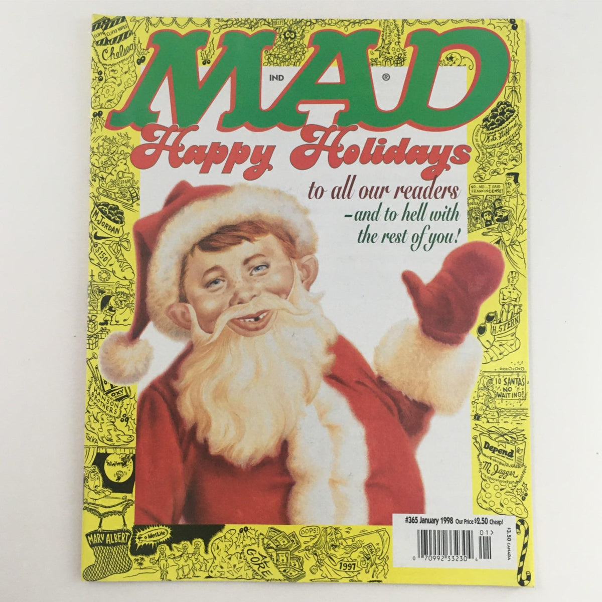 Mad Magazine January 1998 No. 365 cover featuring a cheerful Santa Claus character celebrating Happy Holidays.