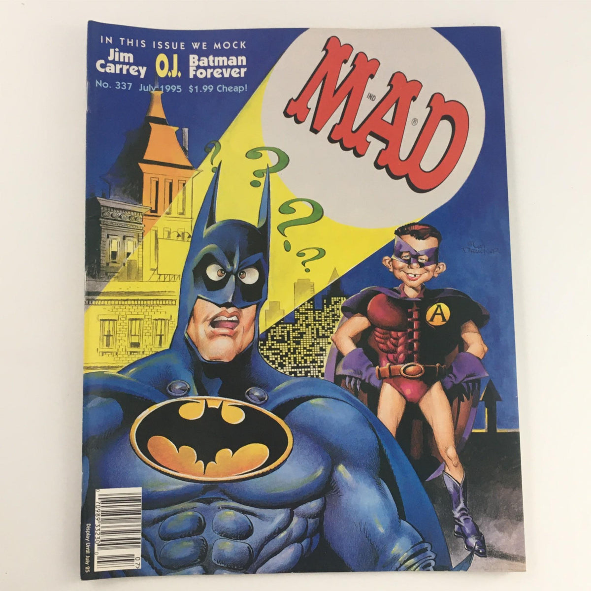 Cover of Mad Magazine July 1995 No. 337 featuring Jim Carrey and Batman Forever, showcasing a humorous depiction of Batman and a parody character.