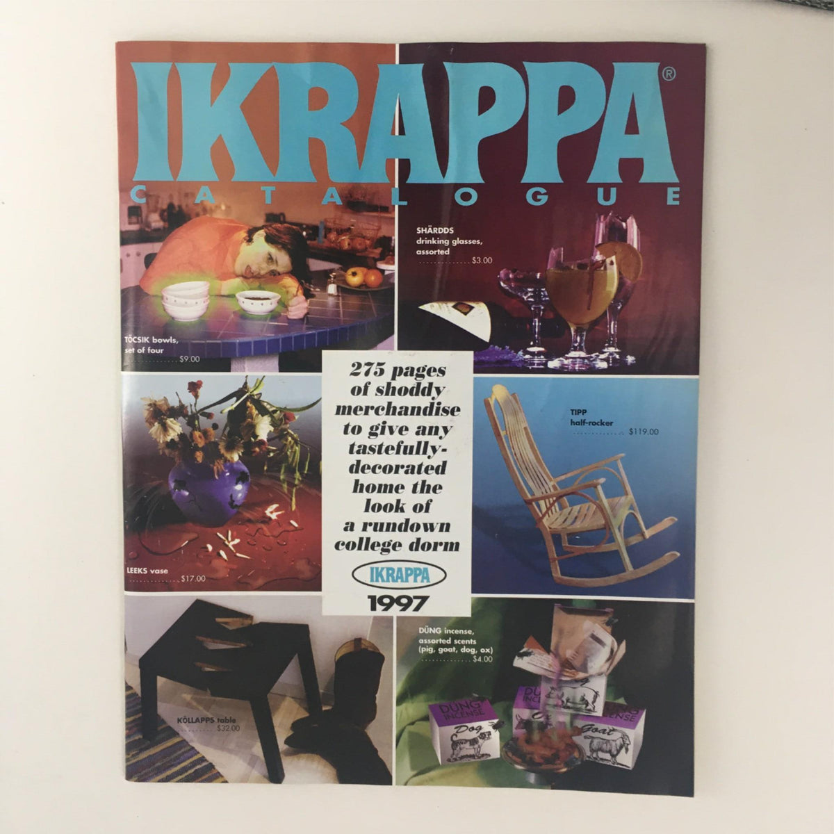 IKRAPPA Catalogue 1997 cover showcasing various quirky merchandise with a humorous take on college dorm decoration, highlighting the eclectic style and aesthetic from the late '90s.