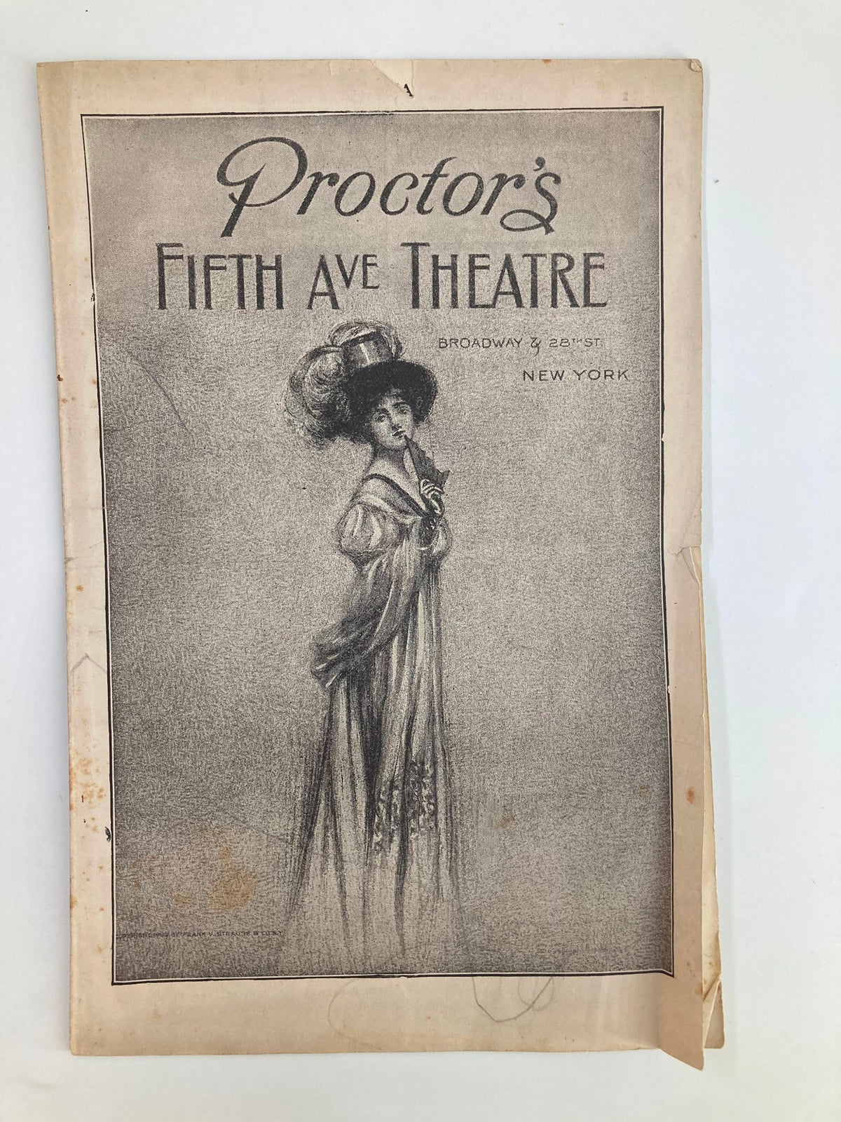 Cover of the 1913 Proctor's Fifth Avenue Theatre featuring a graceful woman in historical attire, part of a collectible description for Hunter's Twin Statue Dogs.