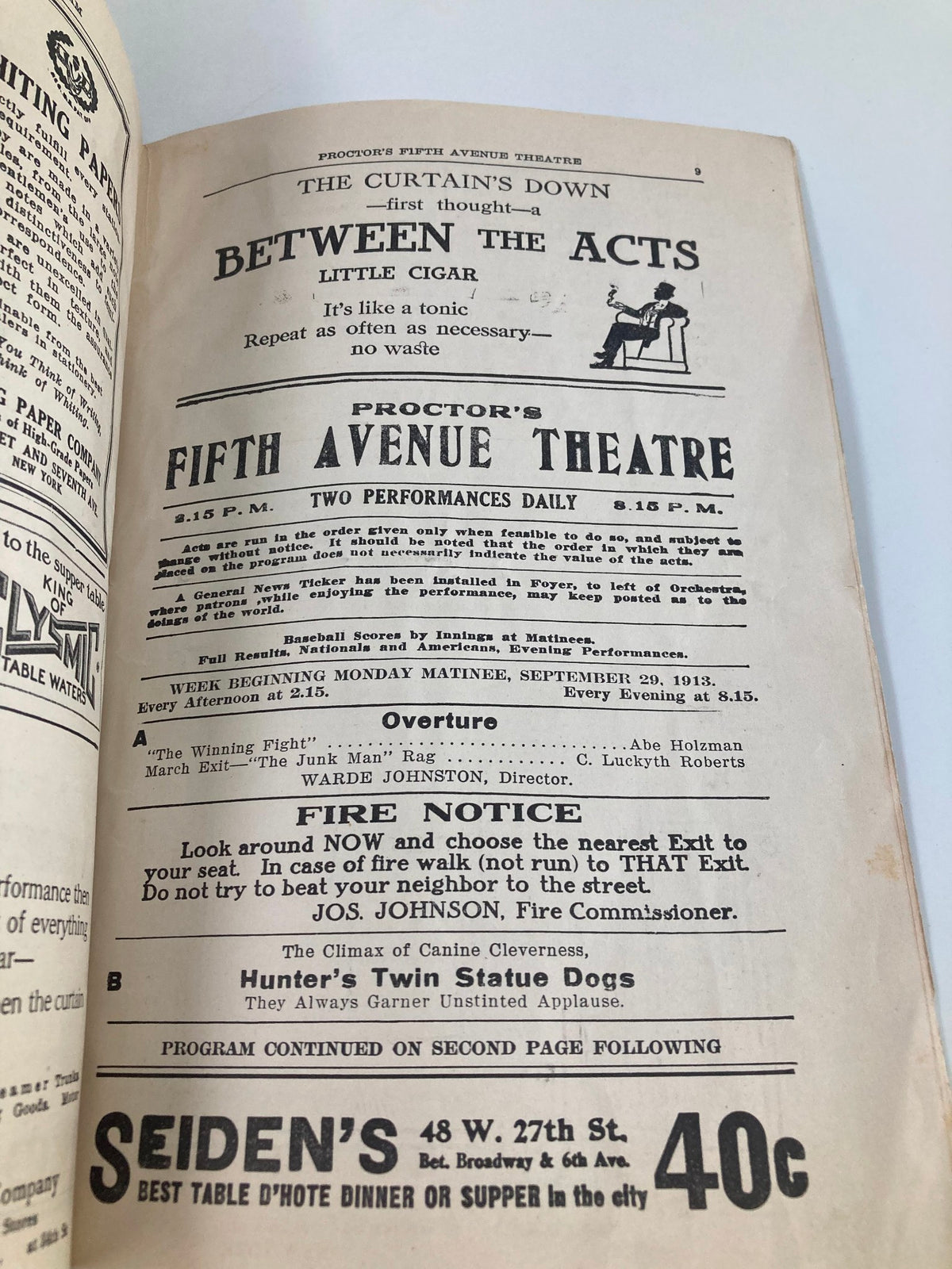 Interior page of a vintage magazine showcasing the Proctor's Fifth Avenue Theatre with performance details related to the 1913 Proctor's Fifth Avenue Theatre Hunter's Twin Statue Dogs.