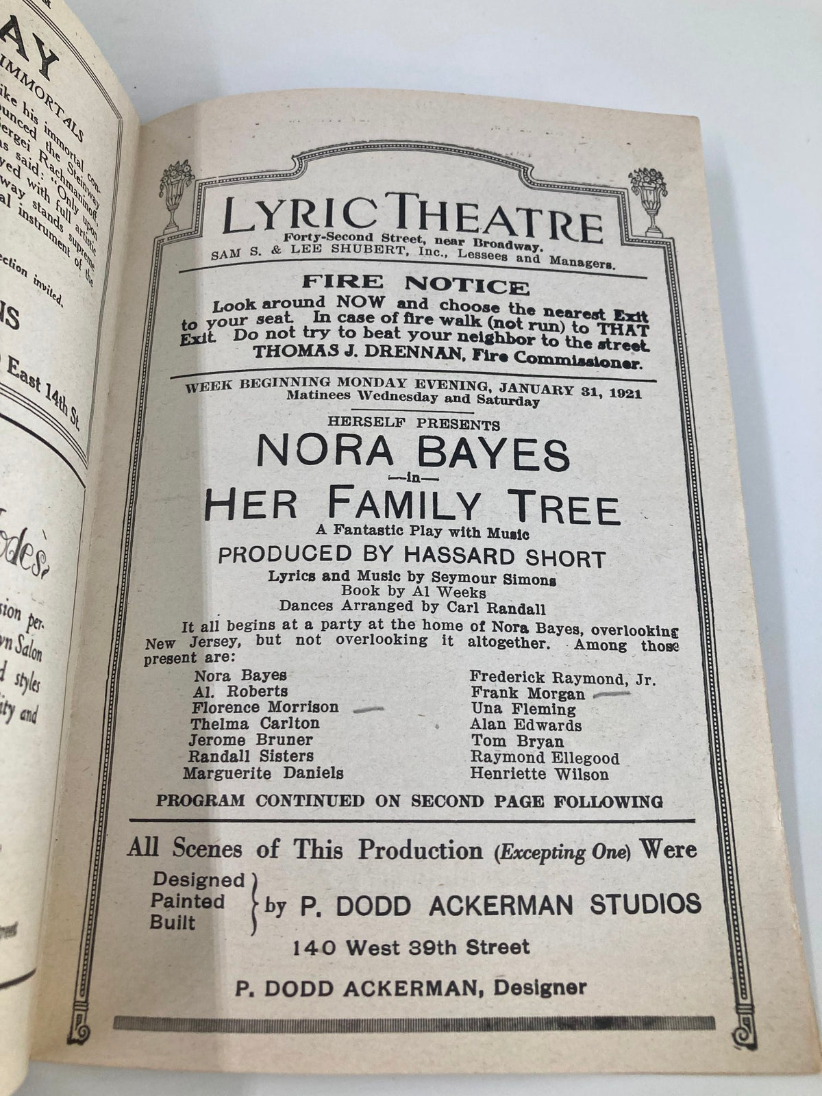 Page in the 1921 Lyric Theatre program announcing the play Nora-Bayes: Her Family Tree, produced by Hassard Short.