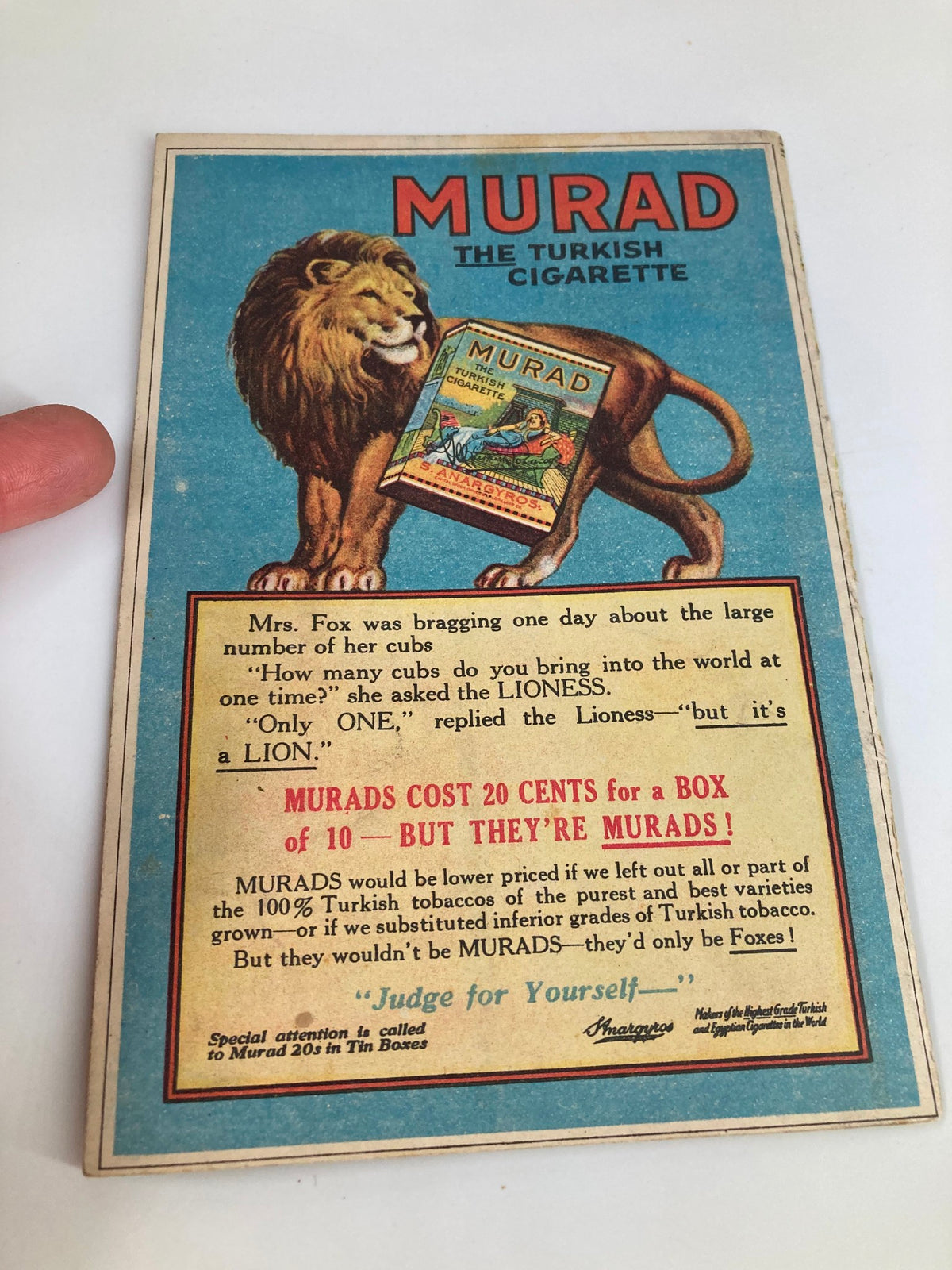 Vintage advertisement for Murad The Turkish Cigarette included in the 1921 Lyric Theatre program.