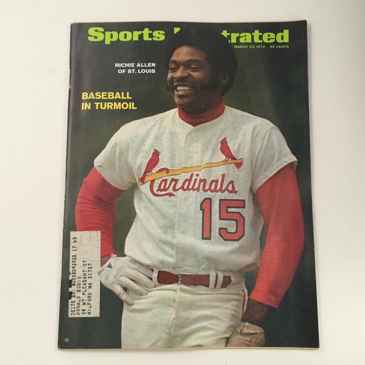 Cover of Sports Illustrated Magazine from March 23, 1970 featuring Richie Allen of the St. Louis Cardinals, with the headline 'Baseball in Turmoil' highlighting the significant events in baseball history.