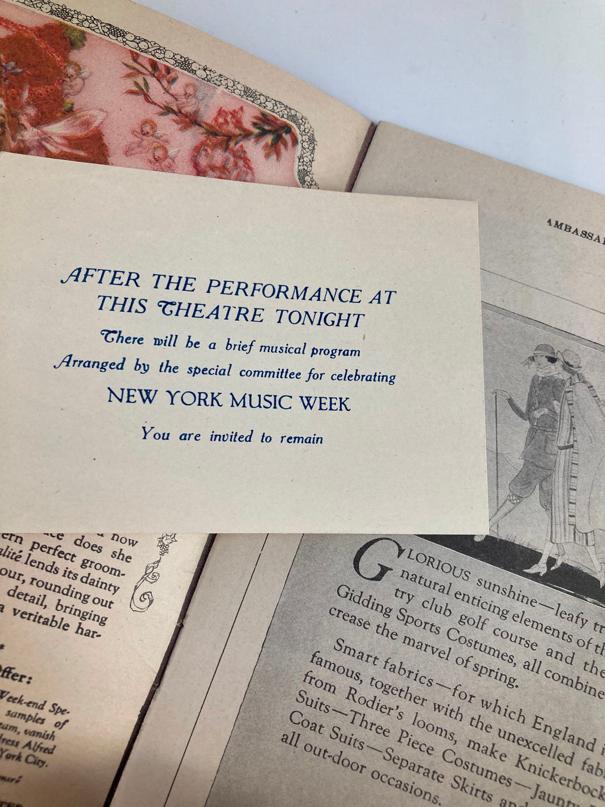 Interior page of the 1922 Ambassador Theatre Blossom Time Playbill, displaying a performance announcement for New York Music Week, highlighting its historical significance.