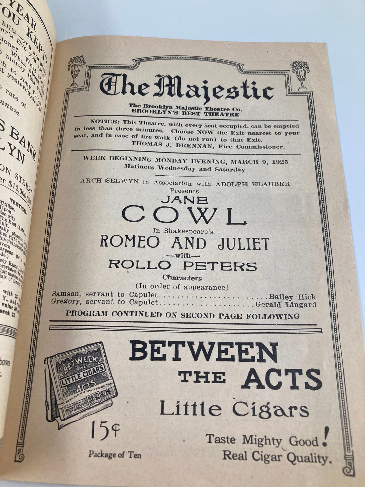 Interior page of the 1925 Majestic Theatre Playbill featuring Jane Cowl in Romeo and Juliet, featuring details of the production cast and advertisements.