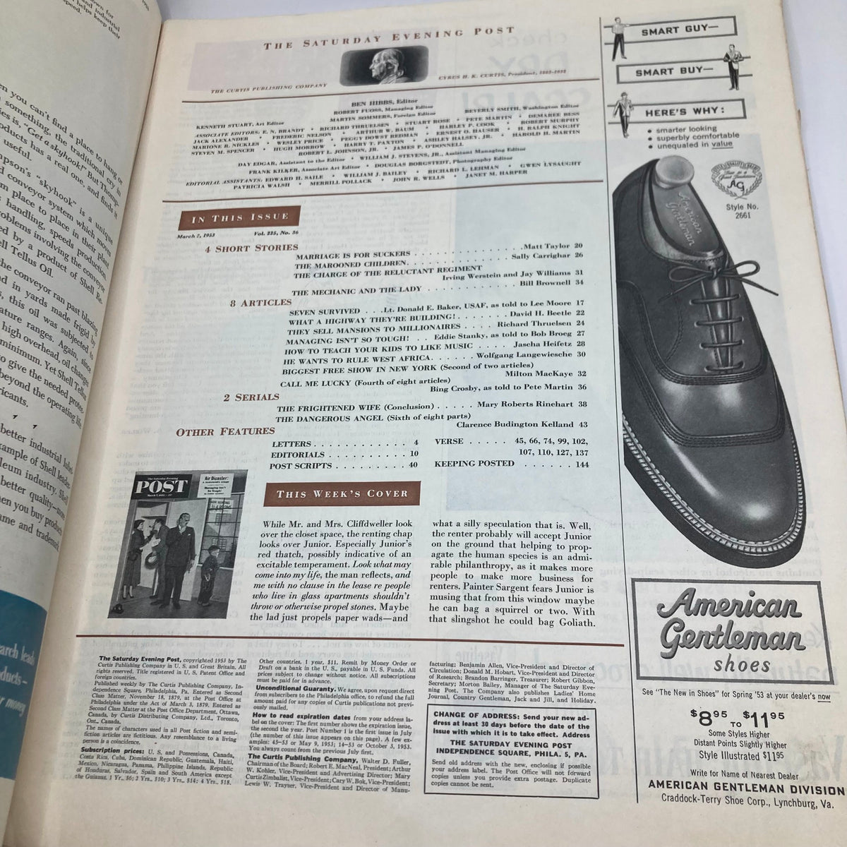 Inside page of Saturday Evening Post Magazine from March 7, 1953, showcasing the table of contents and advertisements, highlighting the publication's classic design.