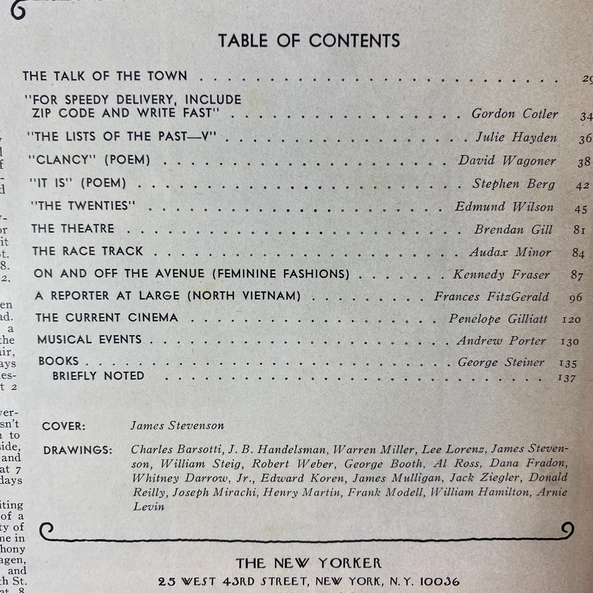 Table of contents from The New Yorker magazine, April 28, 1975, listing articles and contributions, reflecting the magazine's literary richness.