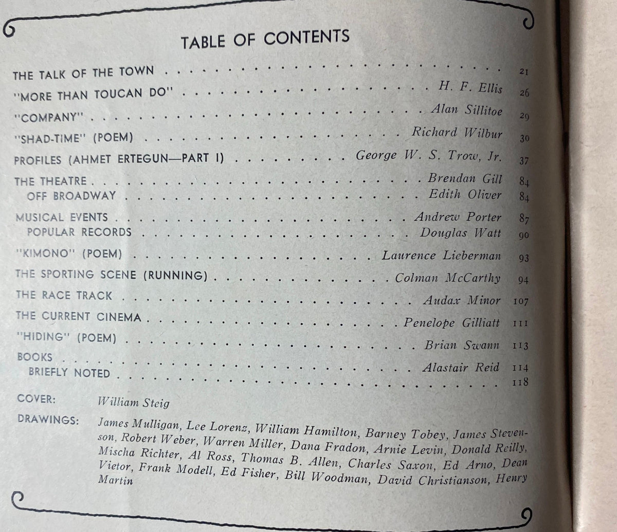 Table of contents from The New Yorker Full Magazine May 29, 1978 detailing featured articles, poems, and contributors including the cover by William Steig.