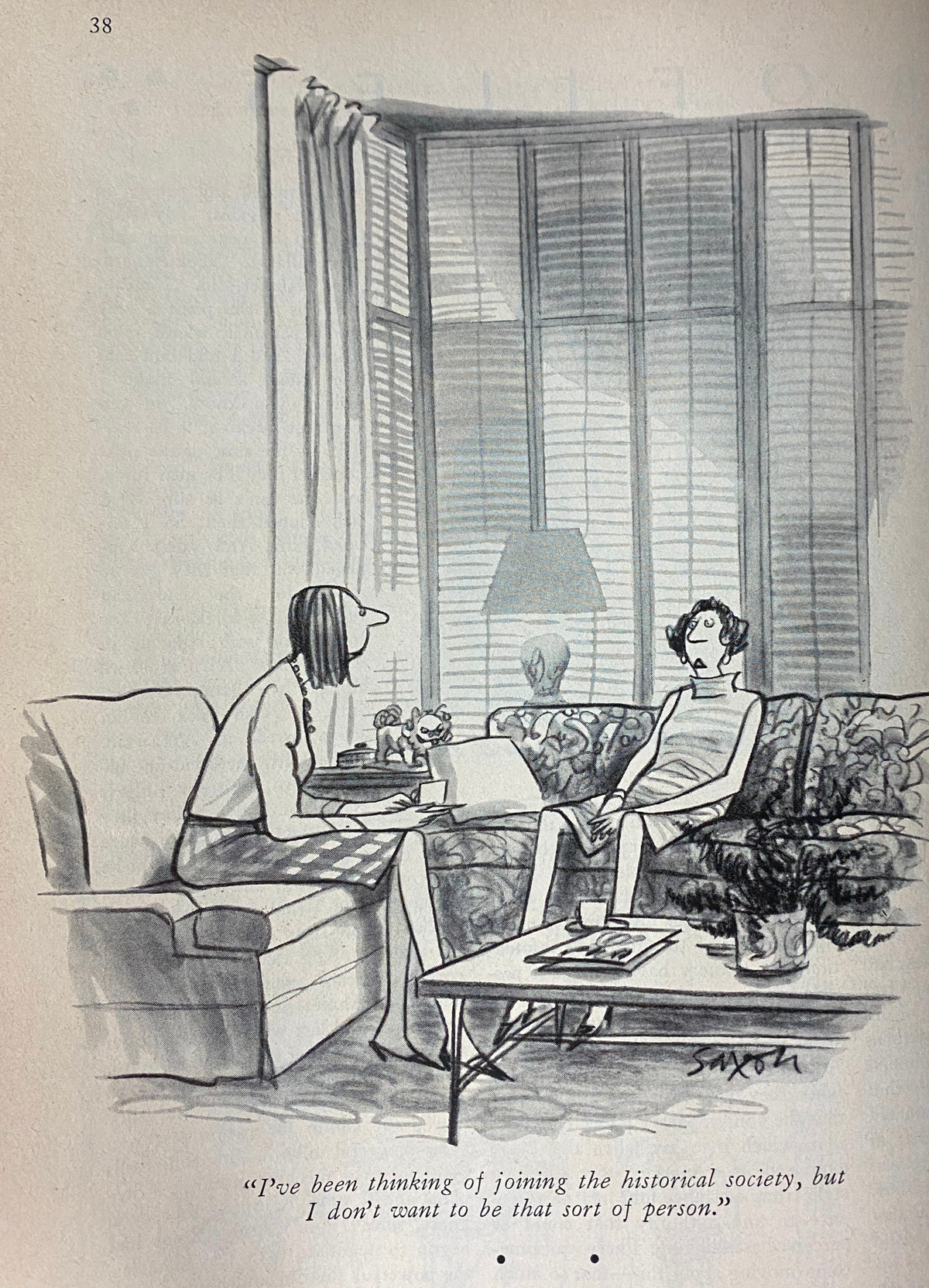 Illustration from The New Yorker Full Magazine May 29, 1978 featuring two women in a living room, discussing society with humorous dialogue, by artist Saxon.