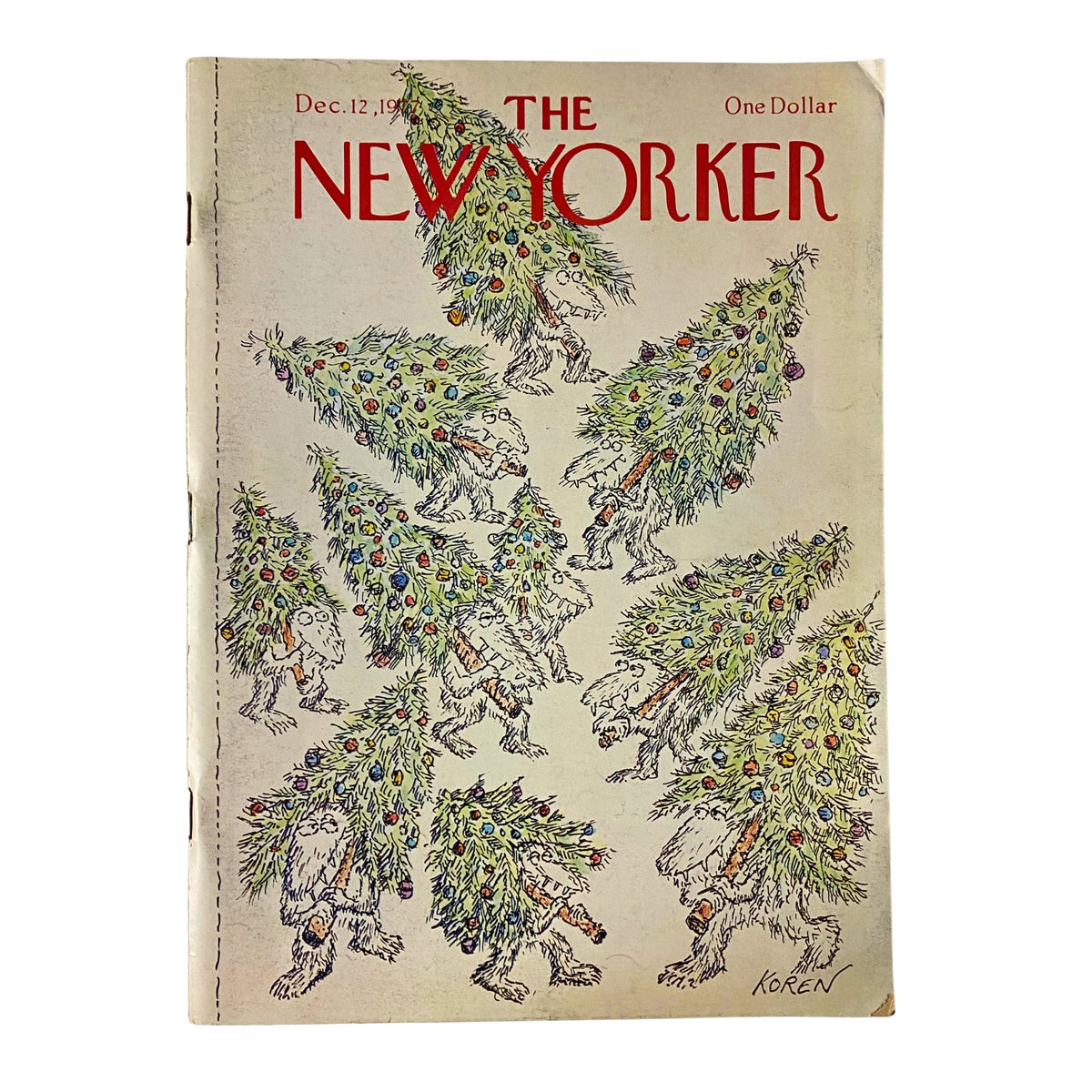 Cover of The New Yorker magazine from December 12, 1977, illustrated by Edward Koren, featuring whimsical tree-like characters adorned with ornaments and decorations.