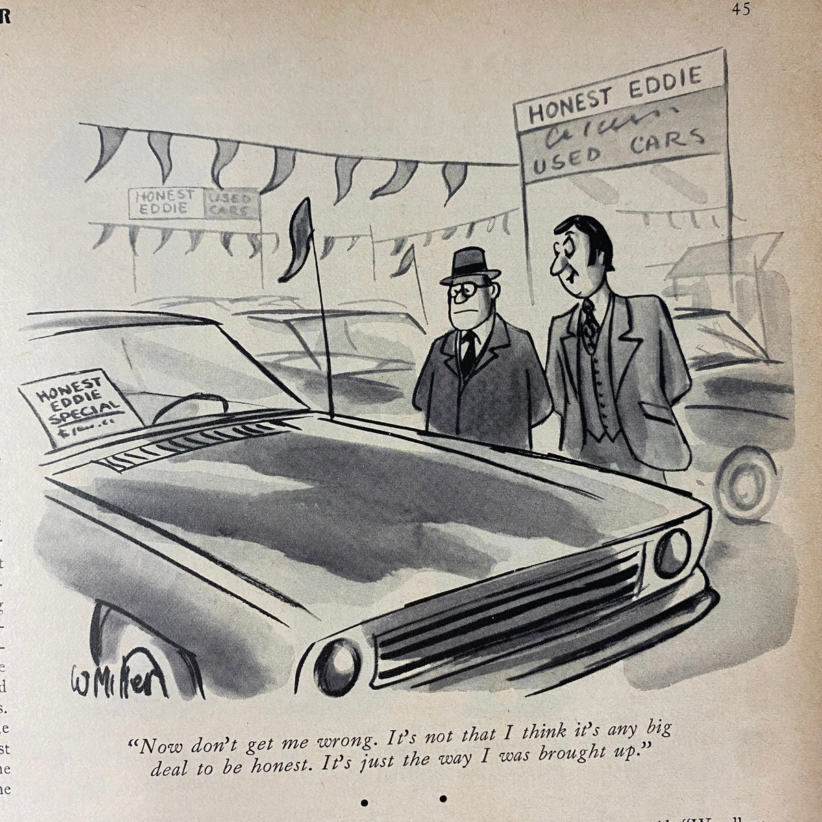 Cartoon illustration from The New Yorker, December 12, 1977 depicting a humorous interaction at a used car lot.