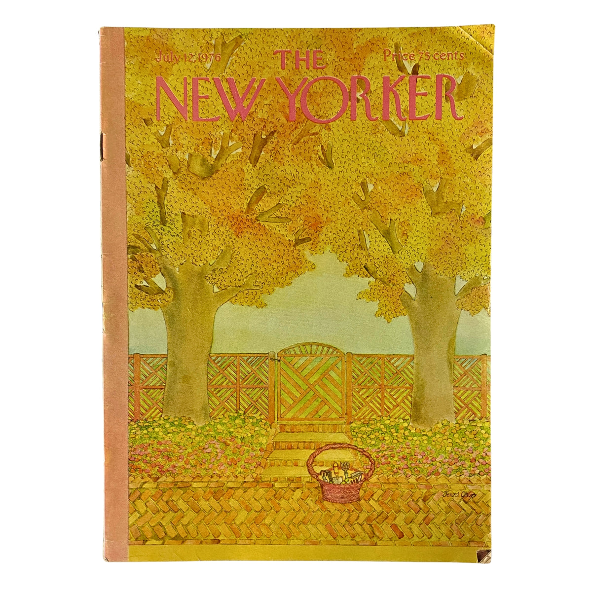 The New Yorker Full Magazine July 12, 1976 featuring a vibrant cover illustration by Jenni Oliver, showcasing trees and a garden setting, representing 1970s artistry.