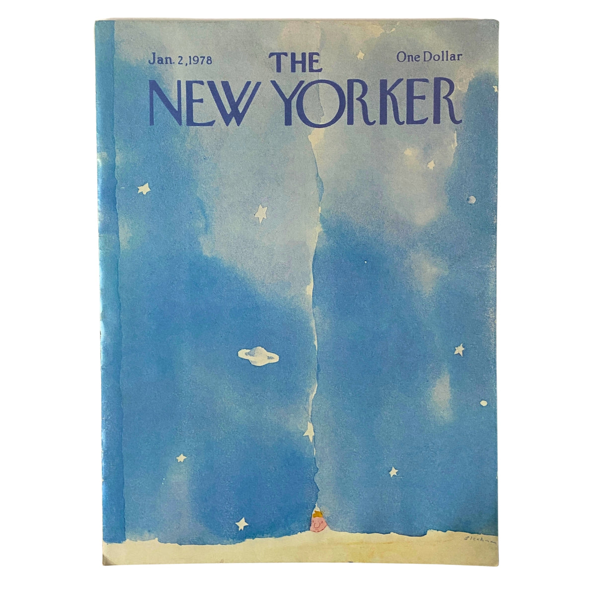 Cover of The New Yorker Full Magazine January 2, 1978 featuring a whimsical illustration by R.O. Blechman with a blue sky and stars.