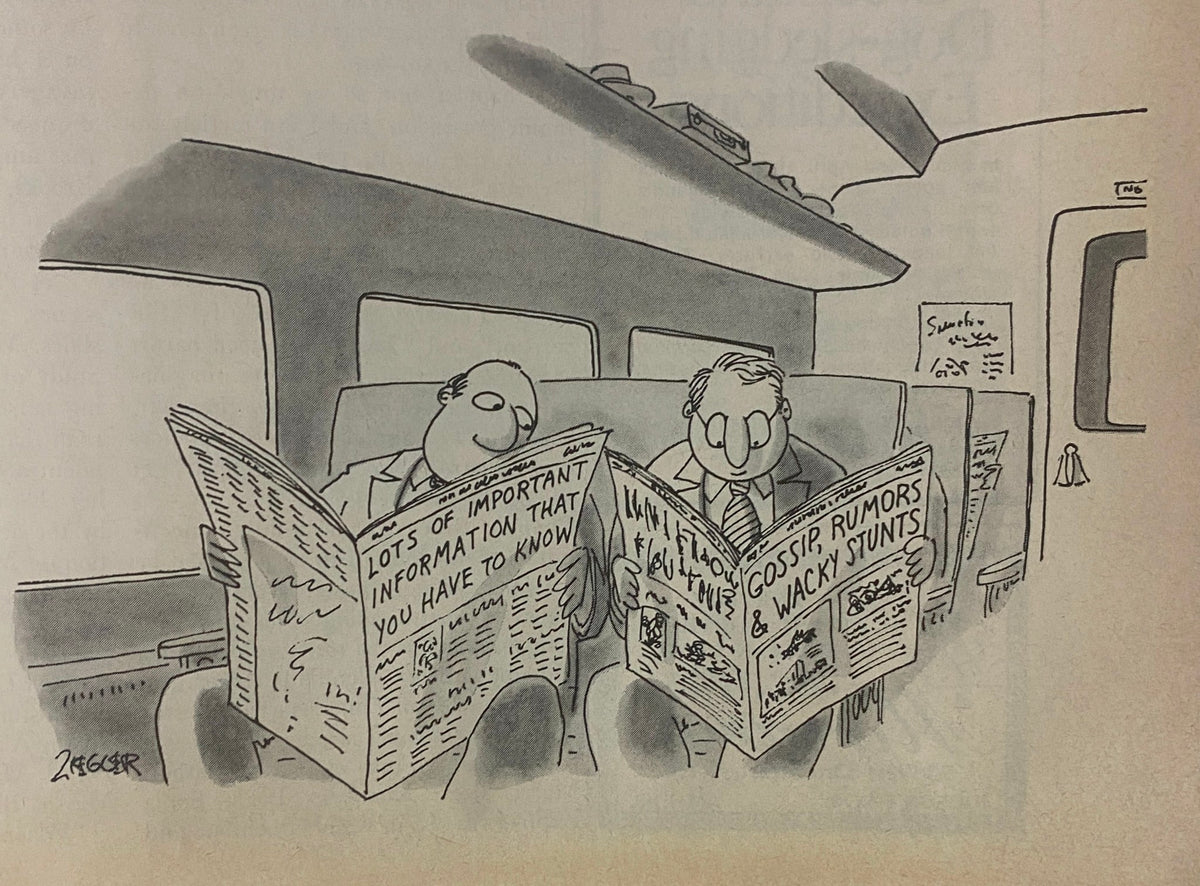 A humorous cartoon from The New Yorker Full Magazine January 2, 1978 depicting two men reading newspapers on a train, showcasing the magazine's classic wit.
