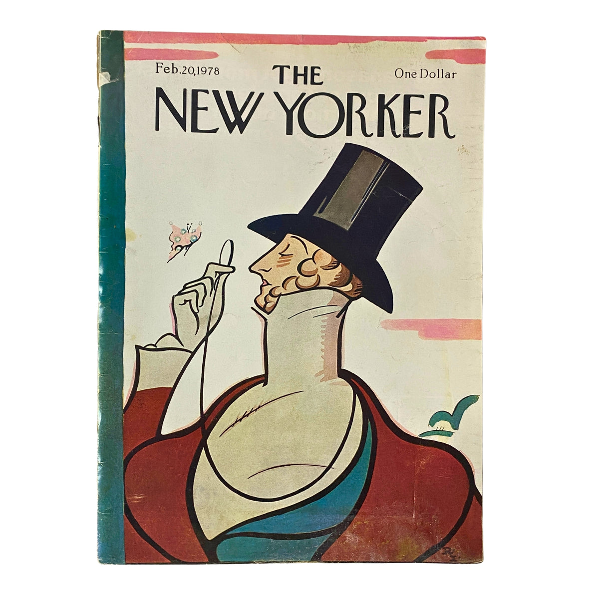 Cover of The New Yorker February 20, 1978 featuring a colorful illustration by Rea Irvin, showcasing a well-dressed man in a top hat.