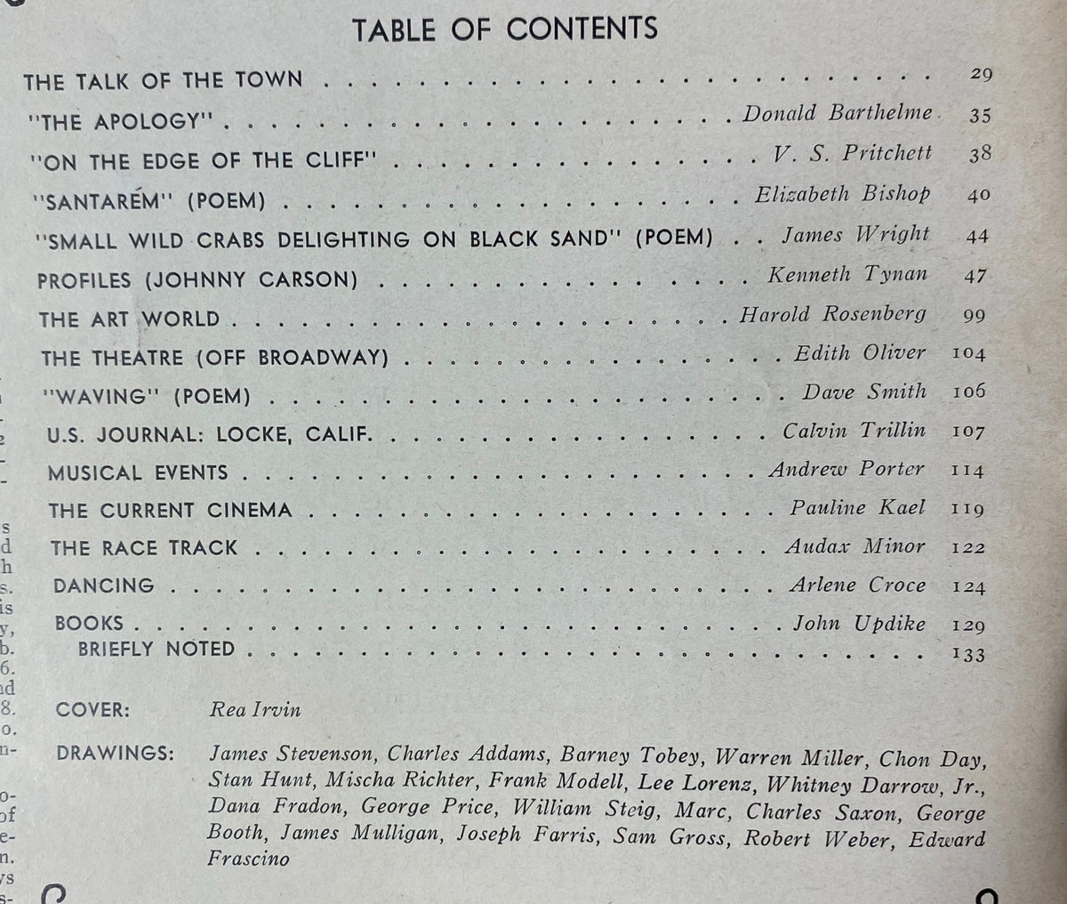 Table of contents from The New Yorker February 20, 1978, listing featured articles and authors including Donald Barthelme and Elizabeth Bishop.