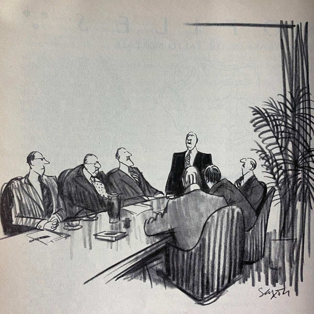 Illustration from The New Yorker February 20, 1978, depicting a business meeting scene, showcasing the artistic style of Charles Saxon.