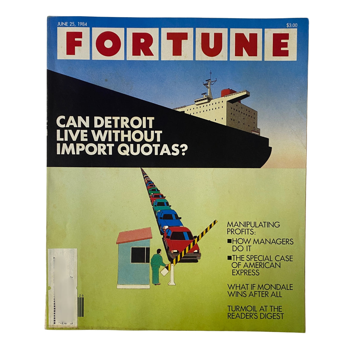 Fortune Magazine June 25, 1984 cover featuring the headline 'Can Detroit Live Without Import Quotas?' with an illustration of cars lined up and a cargo ship in the background.