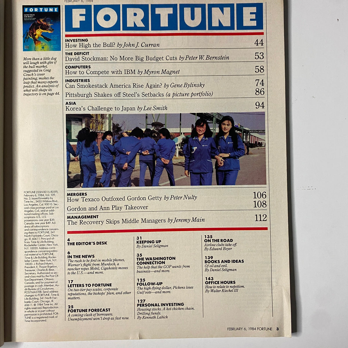 Inside pages of Fortune Magazine February 6, 1984, displaying the table of contents along with featured articles like 'How to Compete with IBM' and 'The Recovery Skips Middle Managers'.