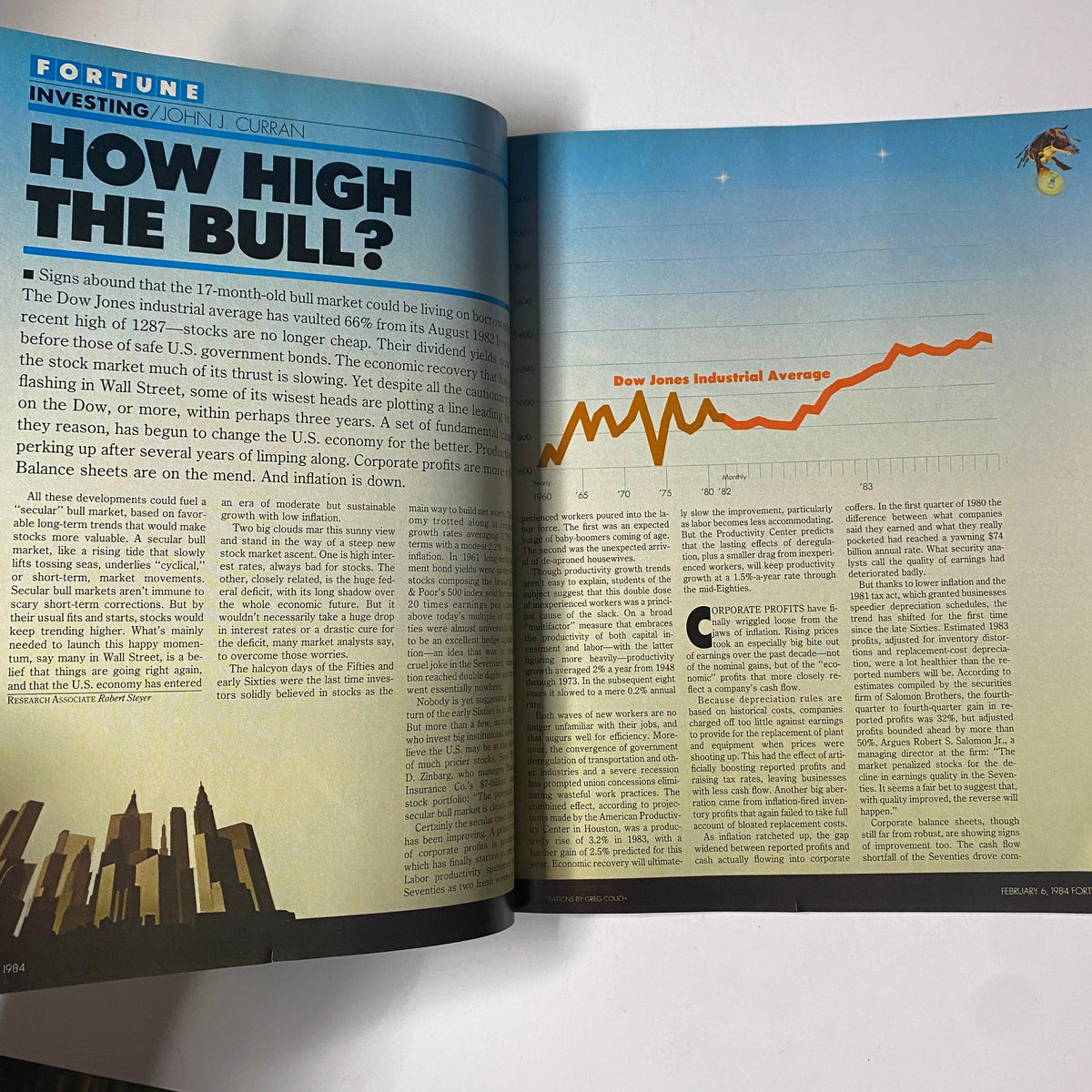 Inside page of Fortune Magazine dated February 6, 1984, featuring the article 'How High the Bull?' discussing the Dow Jones Industrial Average and economic trends.