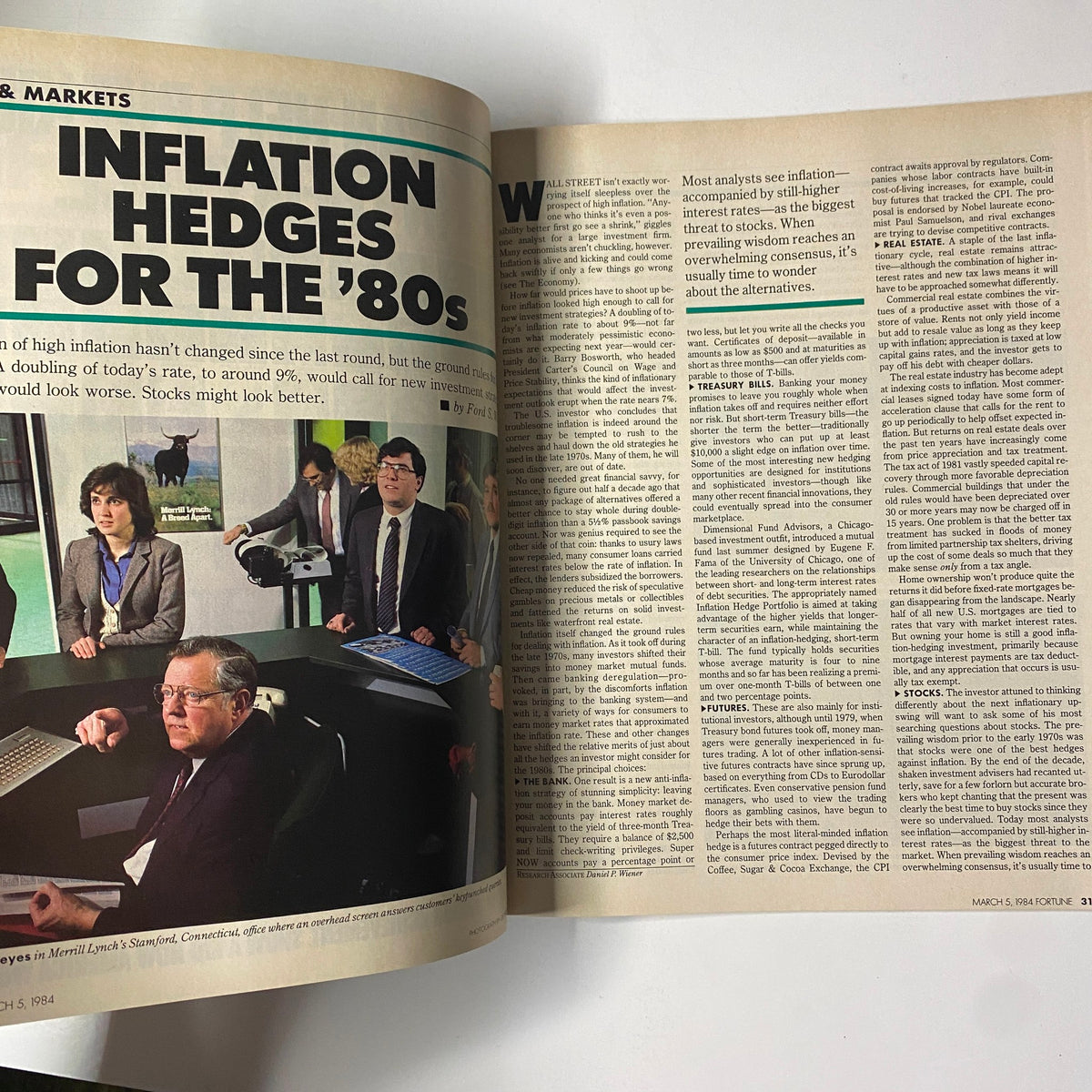 Interior page of Fortune Magazine March 5, 1984 featuring the article 'Inflation Hedges for the 80s' by Ford S. Worthy, discussing investment strategies amidst high inflation, with a group of professionals in a corporate setting.