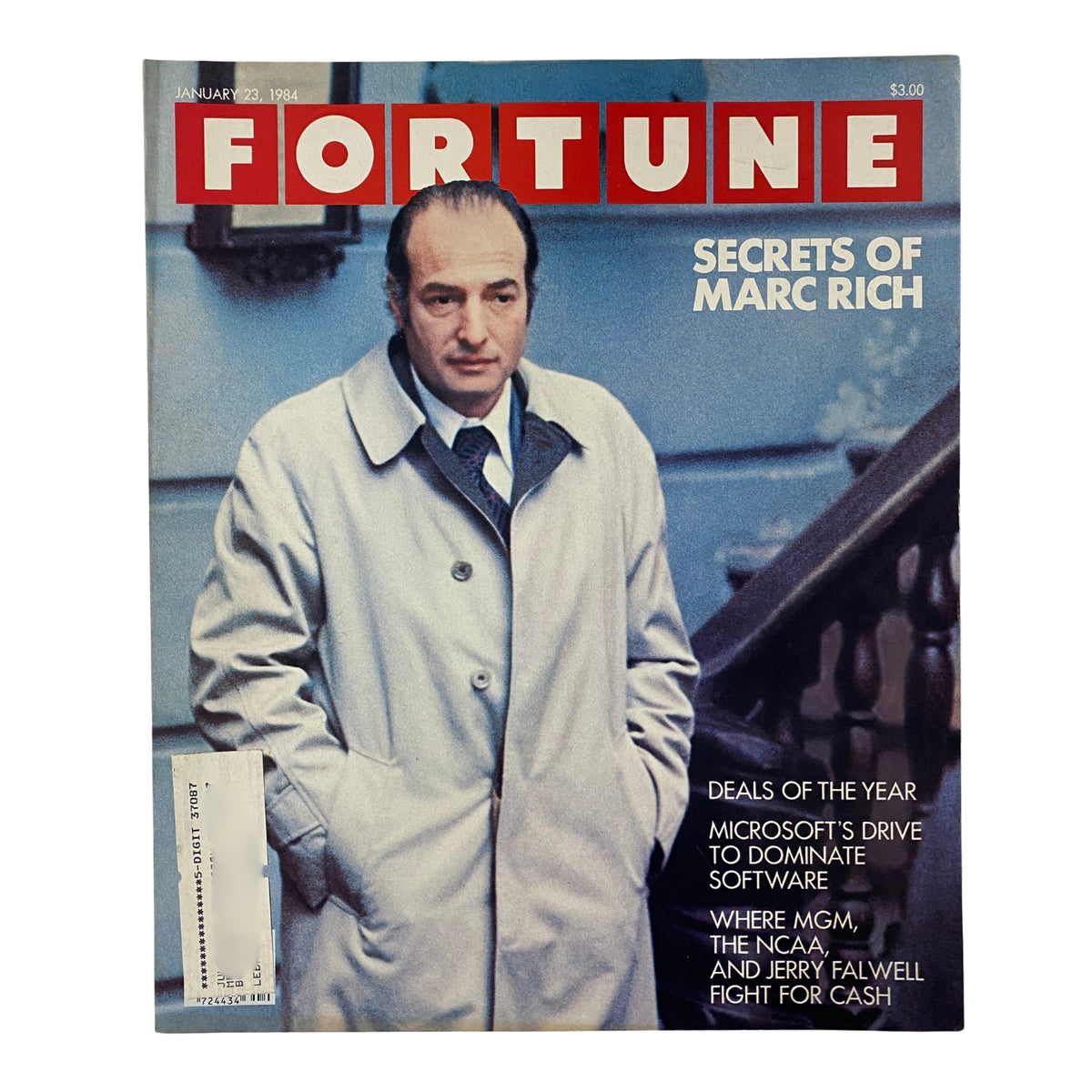 Fortune Magazine January 23, 1984 cover featuring the title 'Secrets of Marc Rich', showcasing a man in a coat, highlighting key business topics such as Microsoft's software dominance.
