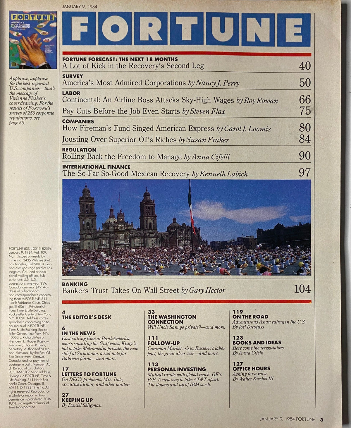 Table of contents for Fortune Magazine January 9, 1984, listing key articles including 'America's Most Admired Corporations' and 'A Lot of Kick in the Recovery's Second Leg'.