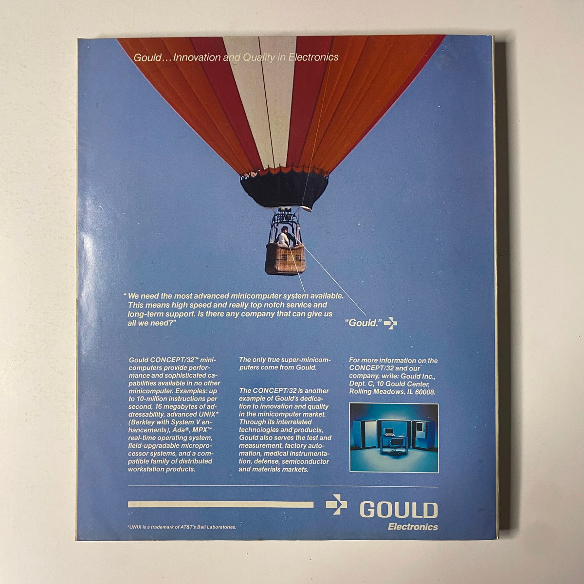Back cover of Fortune Magazine April 30, 1984 advertising Gould Electronics, highlighting their innovative minicomputer systems and commitment to quality in electronics.