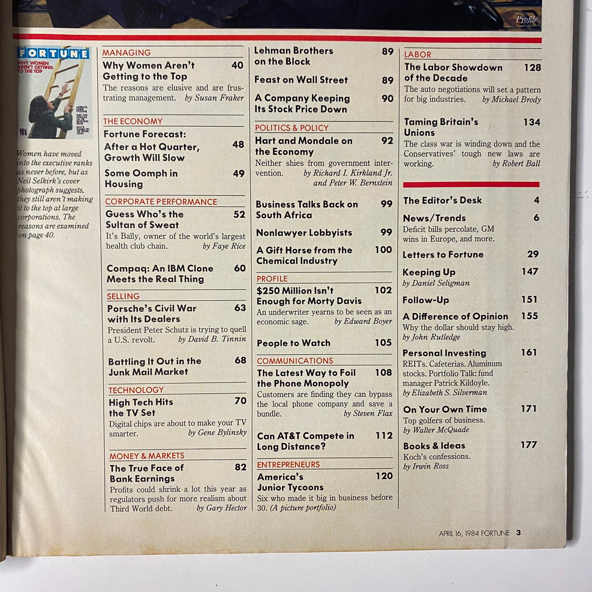 Contents page of Fortune Magazine April 16, 1984 listing key articles, including 'Why Women Aren't Getting to the Top' and economic insights.